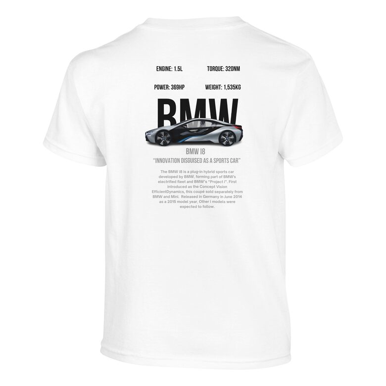 Size XL Kids BMW i8 T-Shirt (White)